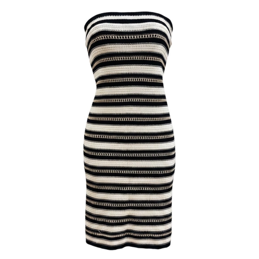 Nine West Womens XS Strapless Knit Bodycon Dress Black White Striped Metallic